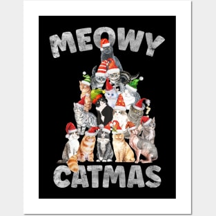 Meowy Catmas Santa Hat Cat Christmas Tree Posters and Art